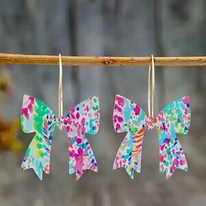 Floral Pink and Blue Colorful Resin Bow Dangle Earrings